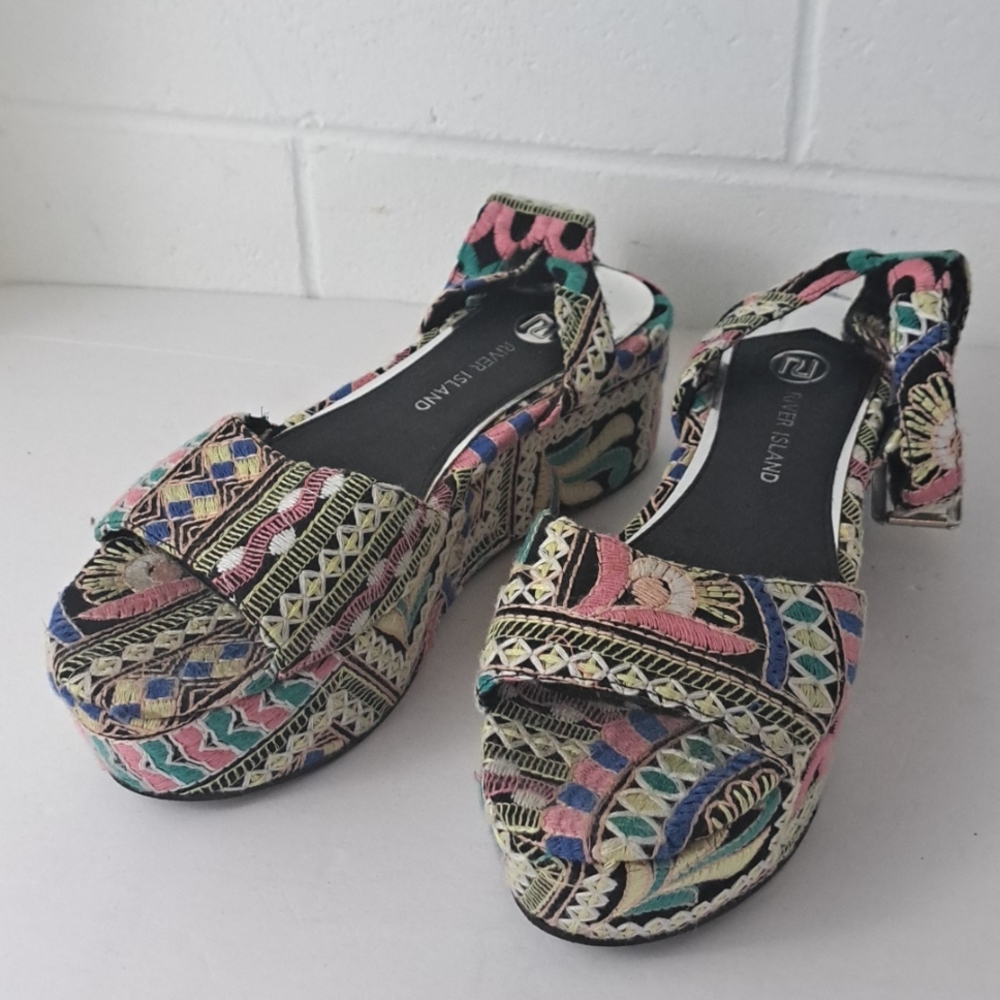 River Island Russia Platform Vibrant Folk Art Embroidered Ankle Strap Sandals 8 - Picture 14 of 14